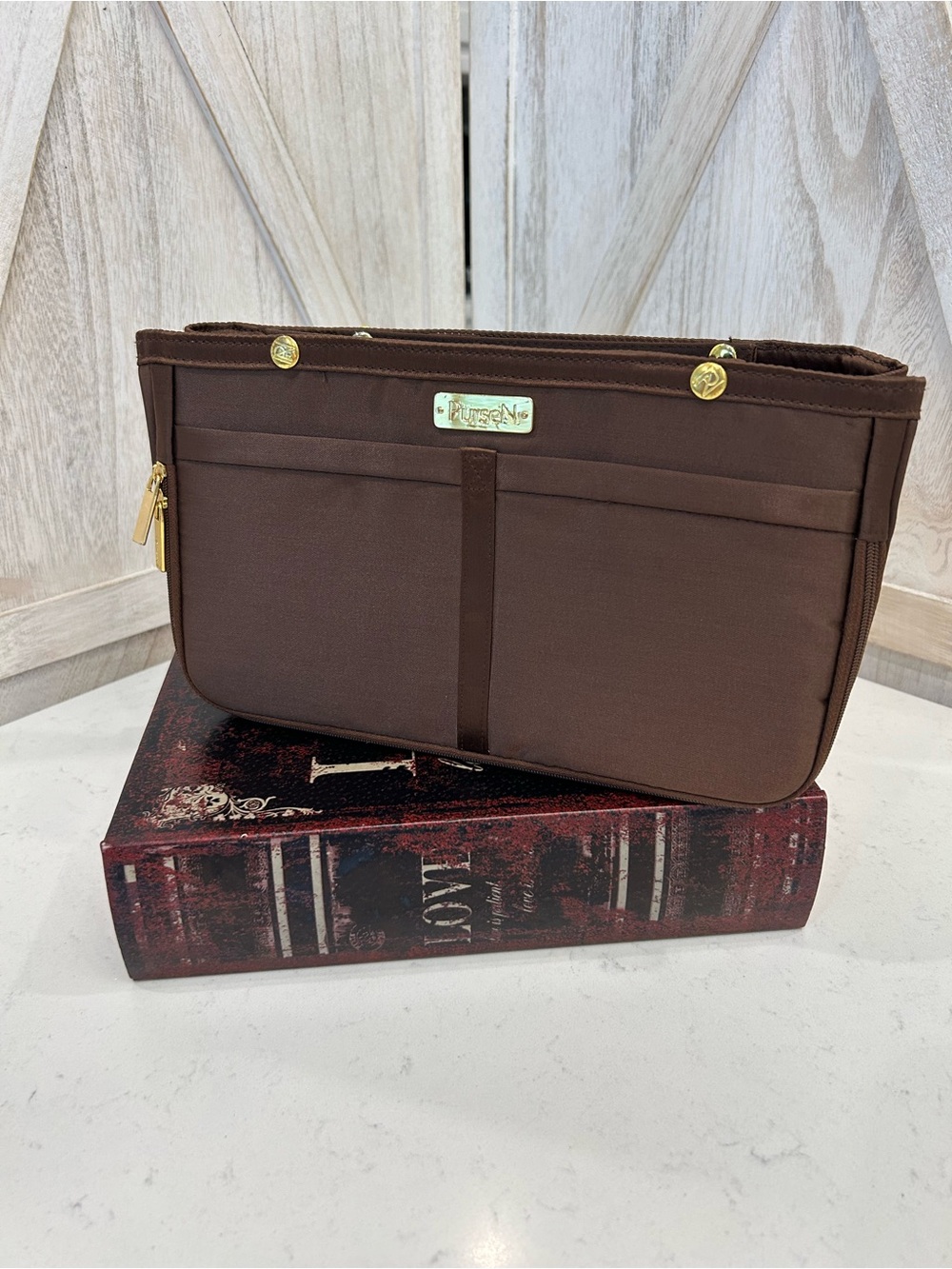 PurseN Brown Bag Insert with Gold Accents